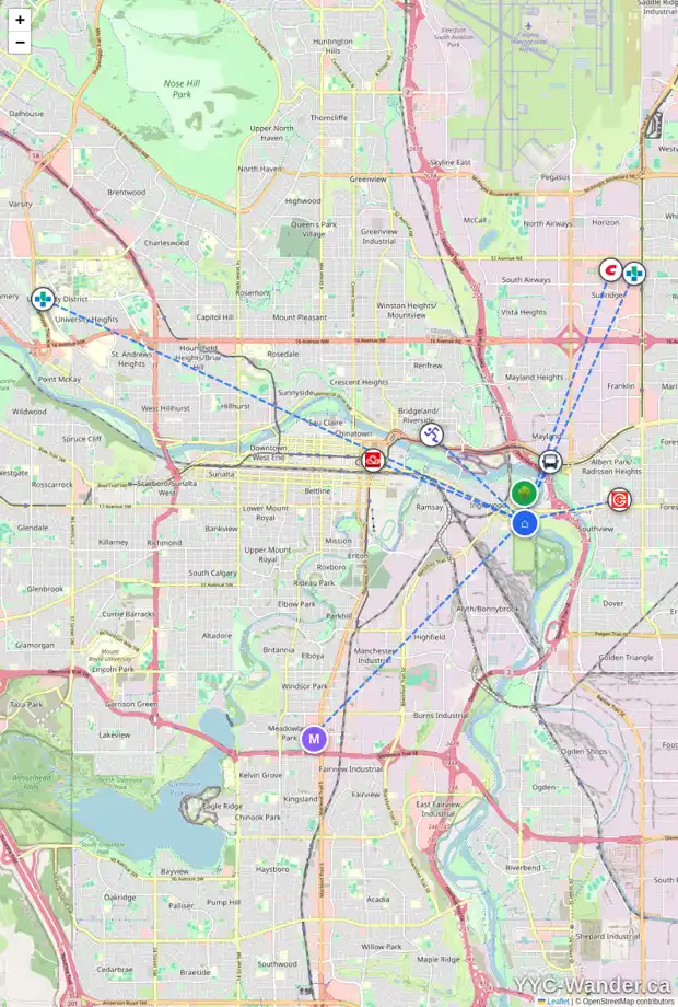 Daily accessibility map for 2027 7 AV SE, Calgary showing nearby schools, grocery stores, parks, LRT stations and nearby amenities
