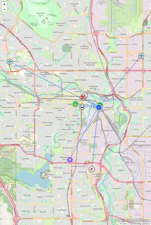 Daily accessibility map for 1144 10 ST SE, Calgary showing nearby schools, grocery stores, parks, LRT stations and nearby amenities