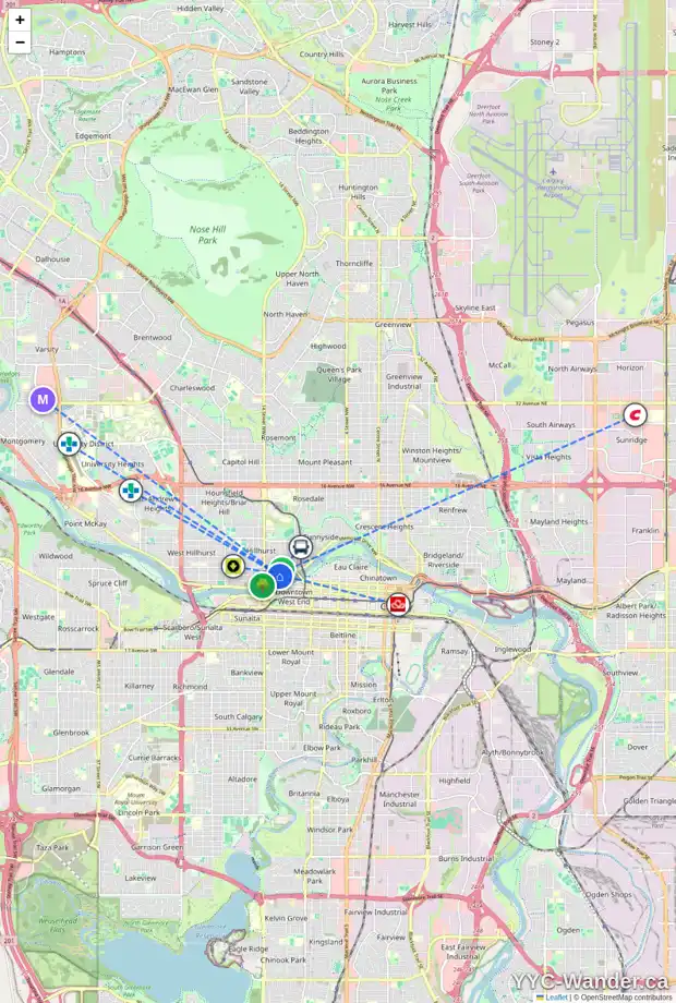 Daily accessibility map for 1220 MEMORIAL DR NW, Calgary showing nearby schools, grocery stores, parks, LRT stations and nearby amenities