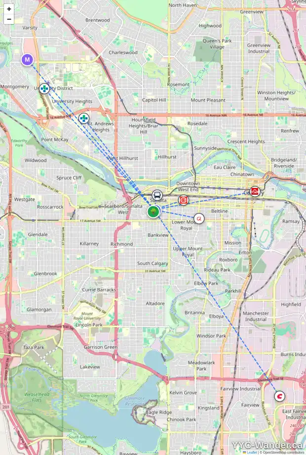 Daily accessibility map for 1730 14 AV SW, Calgary showing nearby schools, grocery stores, parks, LRT stations and nearby amenities