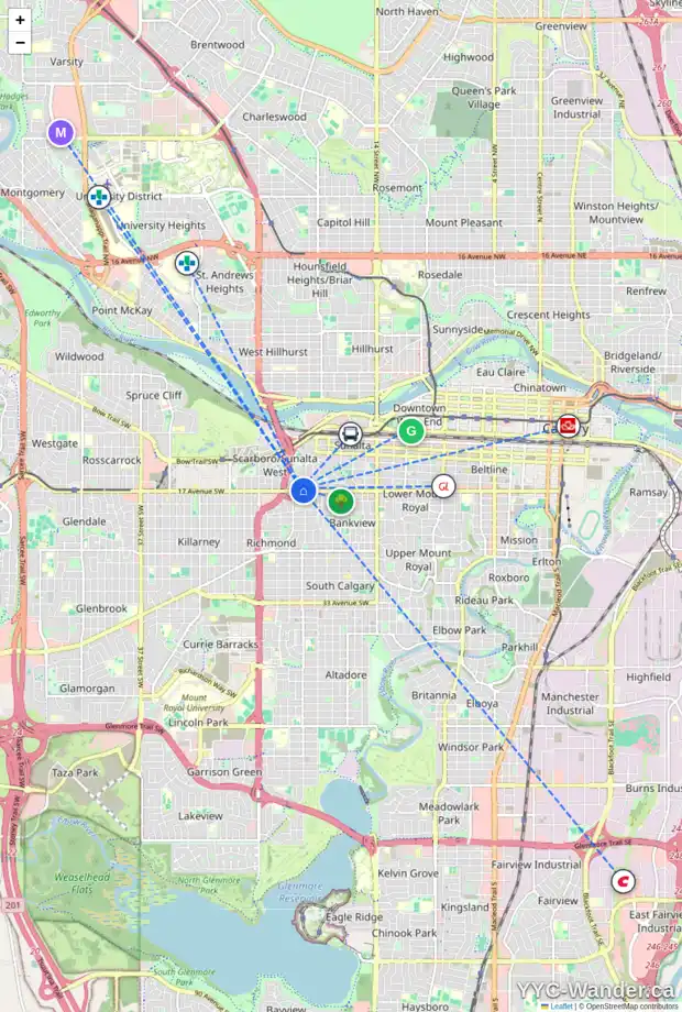 Daily accessibility map for 2132 17 AV SW, Calgary showing nearby schools, grocery stores, parks, LRT stations and nearby amenities