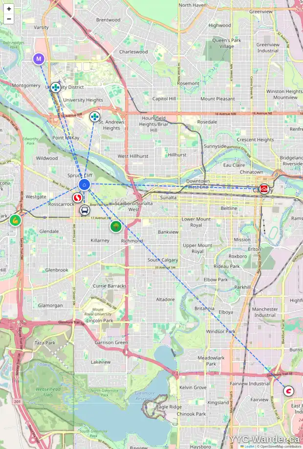 Daily accessibility map for 611 POPLAR RD SW, Calgary showing nearby schools, grocery stores, parks, LRT stations and nearby amenities