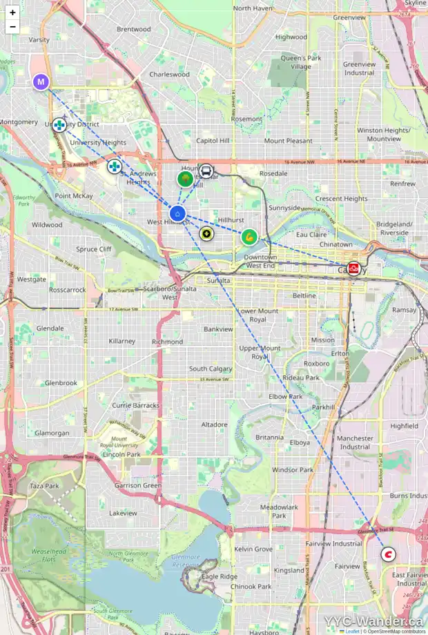Daily accessibility map for 2237 5 AV NW, Calgary showing nearby schools, grocery stores, parks, LRT stations and nearby amenities