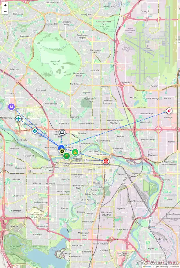 Daily accessibility map for 1933 3 AV NW, Calgary showing nearby schools, grocery stores, parks, LRT stations and nearby amenities