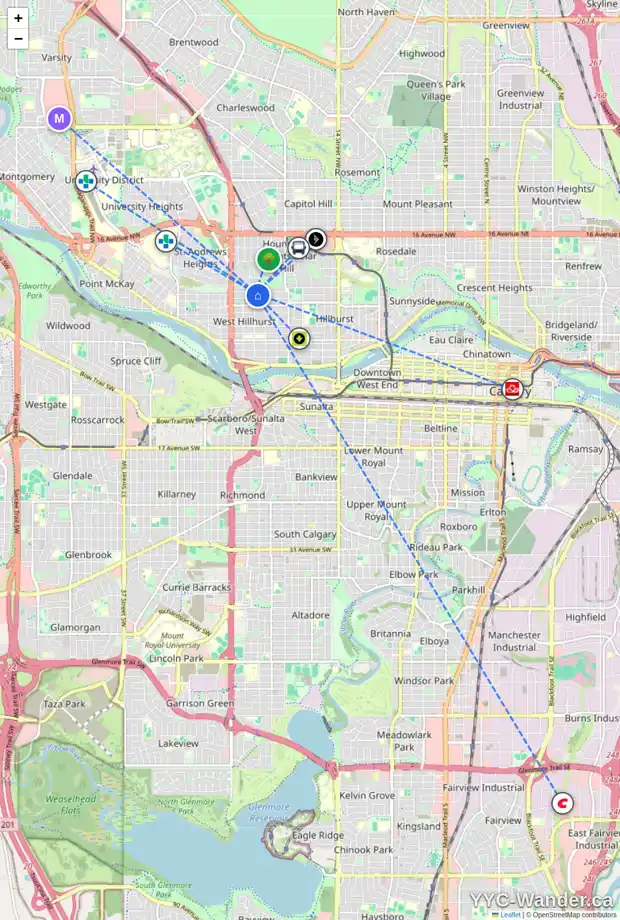Daily accessibility map for 2235 7 AV NW, Calgary showing nearby schools, grocery stores, parks, LRT stations and nearby amenities
