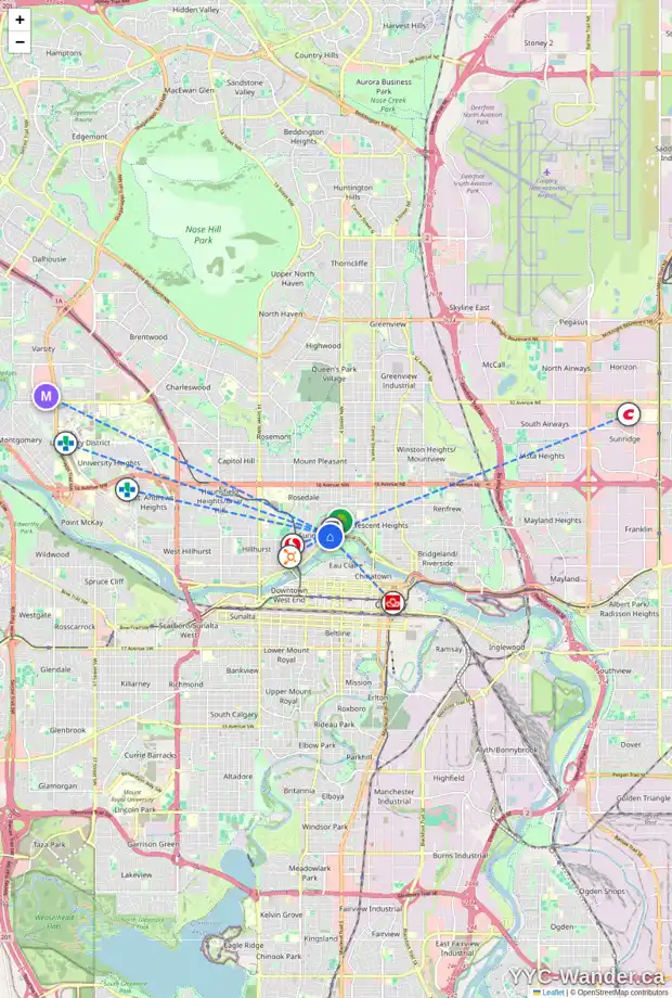 Daily accessibility map for 201 726 5A ST NW, Calgary showing nearby schools, grocery stores, parks, LRT stations and nearby amenities