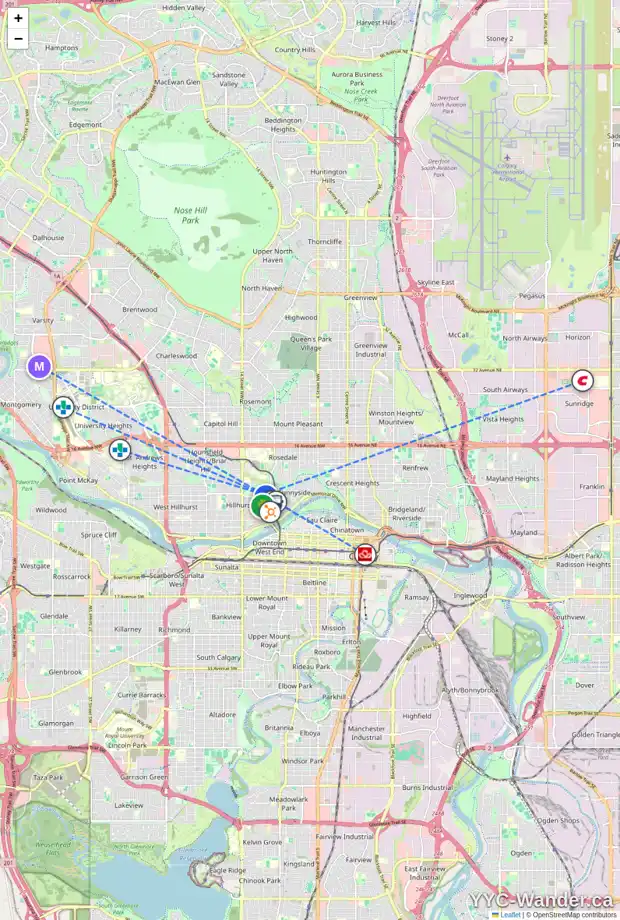 Daily accessibility map for 1130 5 AV NW, Calgary showing nearby schools, grocery stores, parks, LRT stations and nearby amenities