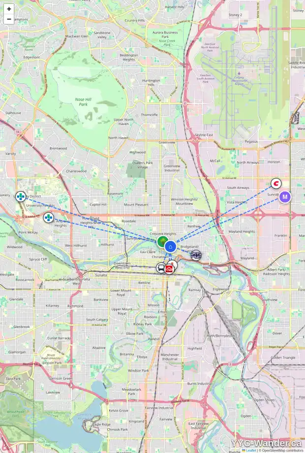 Daily accessibility map for 313 3 AV NE, Calgary showing nearby schools, grocery stores, parks, LRT stations and nearby amenities