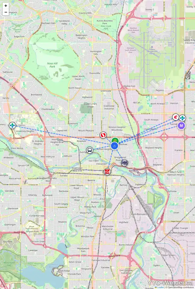 Daily accessibility map for 601 11 AV NE, Calgary showing nearby schools, grocery stores, parks, LRT stations and nearby amenities