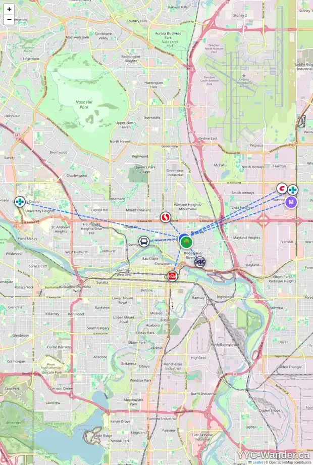 Daily accessibility map for 609 9 AV NE, Calgary showing nearby schools, grocery stores, parks, LRT stations and nearby amenities
