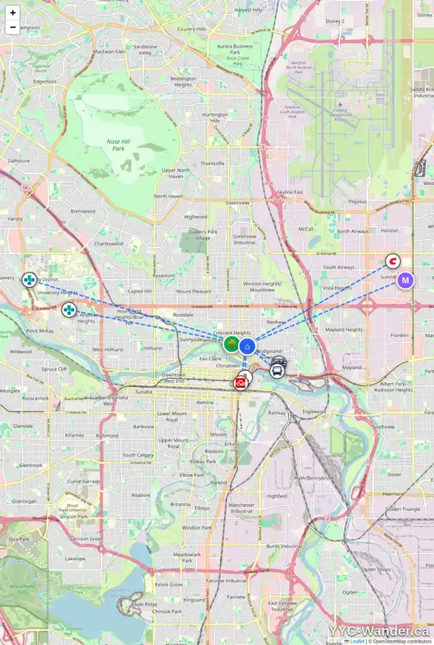 Daily accessibility map for 301 350 4 AV NE, Calgary showing nearby schools, grocery stores, parks, LRT stations and nearby amenities