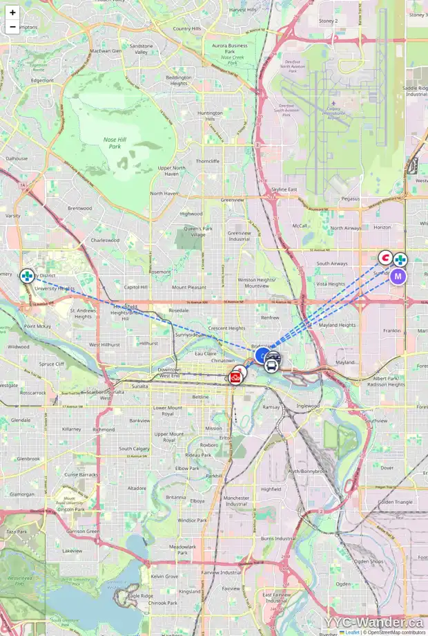 Daily accessibility map for 102 7 ST NE, Calgary showing nearby schools, grocery stores, parks, LRT stations and nearby amenities
