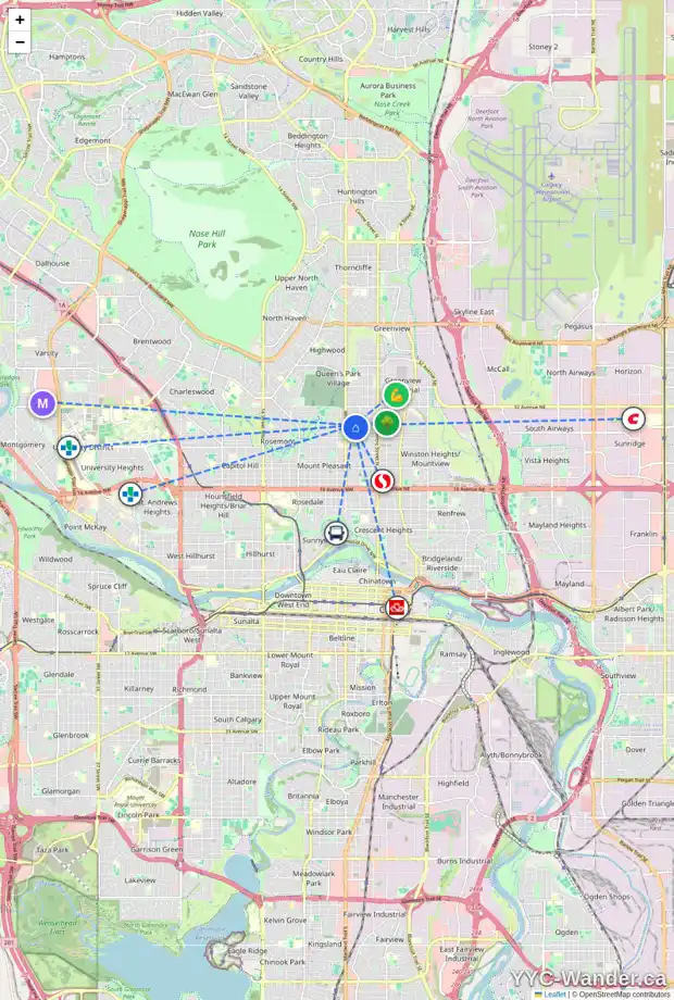 Daily accessibility map for 430 28 AV NW, Calgary showing nearby schools, grocery stores, parks, LRT stations and nearby amenities