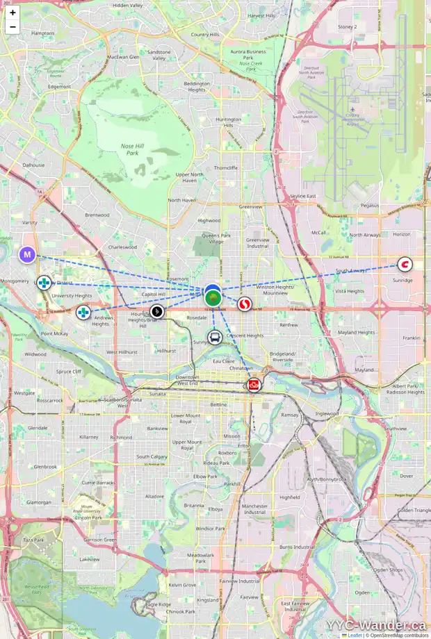 Daily accessibility map for 631 22 AV NW, Calgary showing nearby schools, grocery stores, parks, LRT stations and nearby amenities