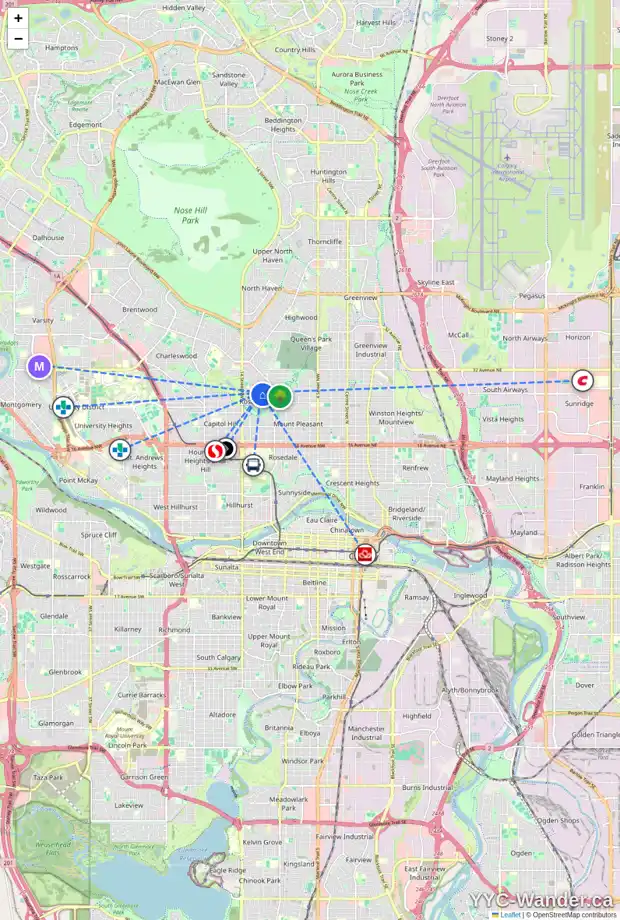 Daily accessibility map for 1259 ROSEHILL DR NW, Calgary showing nearby schools, grocery stores, parks, LRT stations and nearby amenities