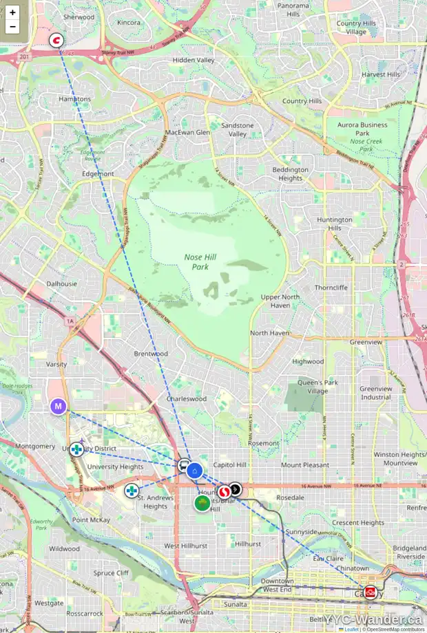 Daily accessibility map for 2312 23 ST NW, Calgary showing nearby schools, grocery stores, parks, LRT stations and nearby amenities
