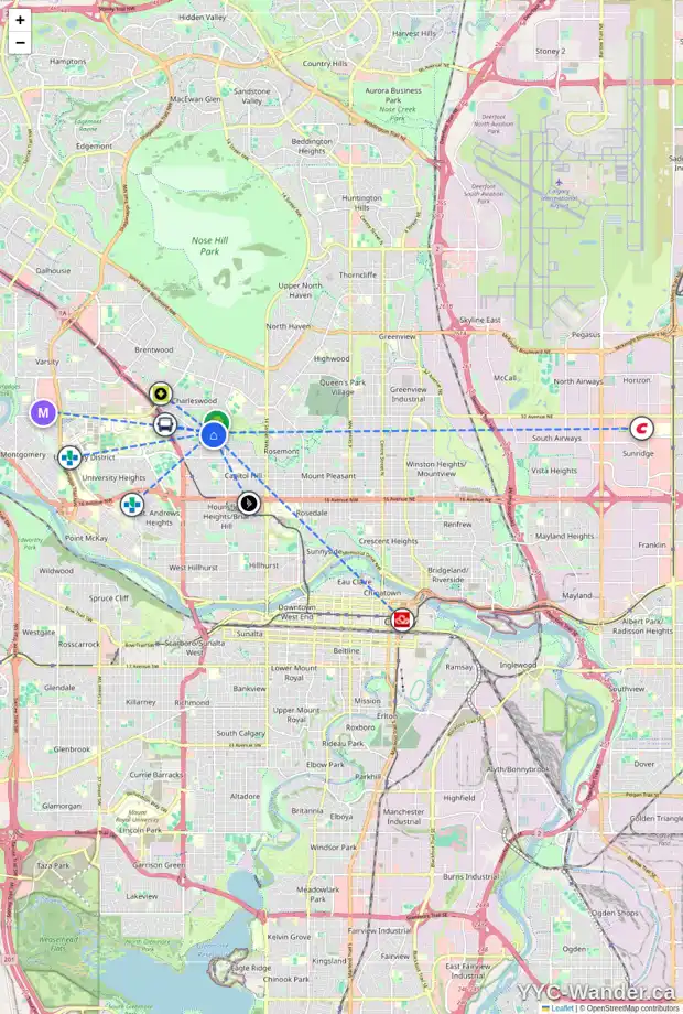 Daily accessibility map for 2725 CANMORE RD NW, Calgary showing nearby schools, grocery stores, parks, LRT stations and nearby amenities