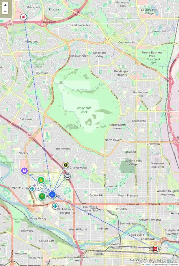 Daily accessibility map for 2244 UXBRIDGE DR NW, Calgary showing nearby schools, grocery stores, parks, LRT stations and nearby amenities
