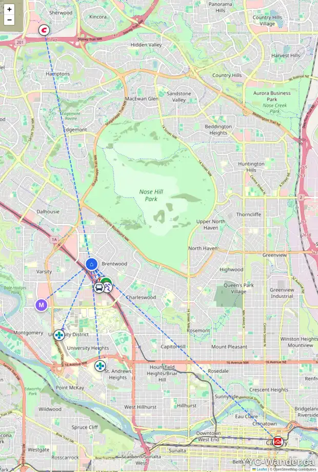 Daily accessibility map for 4416 BULYEA RD NW, Calgary showing nearby schools, grocery stores, parks, LRT stations and nearby amenities
