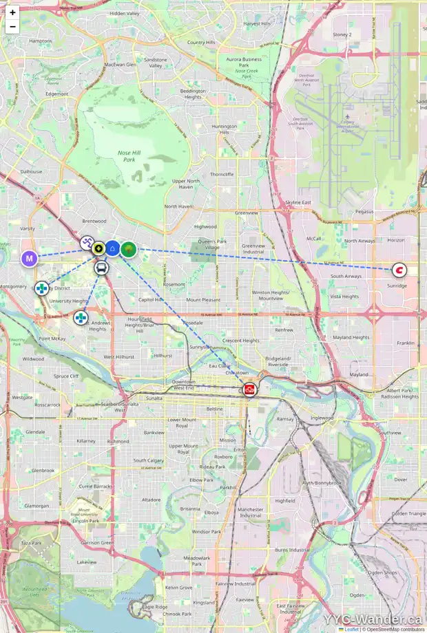 Daily accessibility map for 3815 24 ST NW, Calgary showing nearby schools, grocery stores, parks, LRT stations and nearby amenities