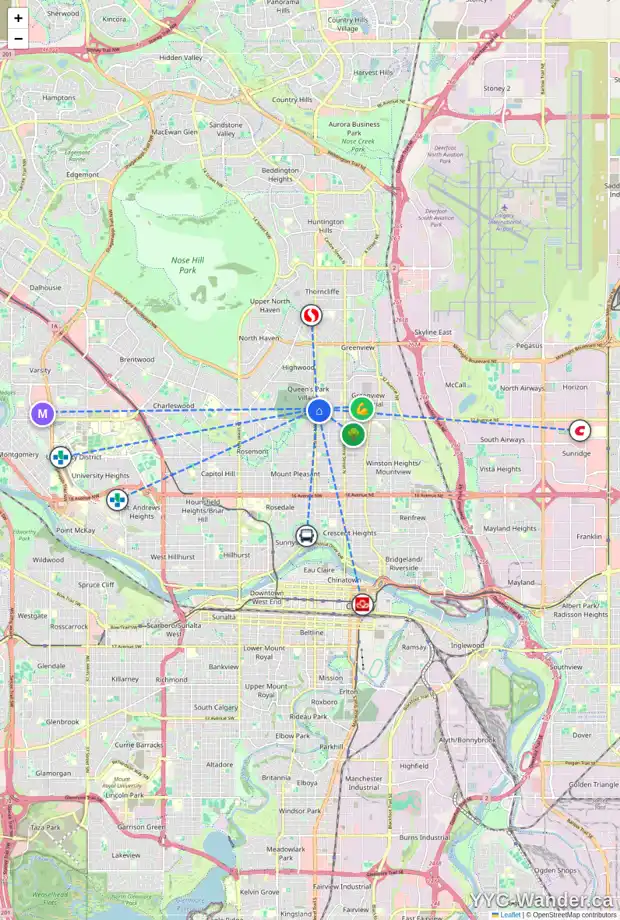 Daily accessibility map for 450 34 AV NW, Calgary showing nearby schools, grocery stores, parks, LRT stations and nearby amenities