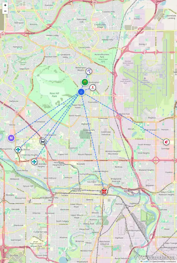 Daily accessibility map for 7019 HUNTERBOW CR NW, Calgary showing nearby schools, grocery stores, parks, LRT stations and nearby amenities