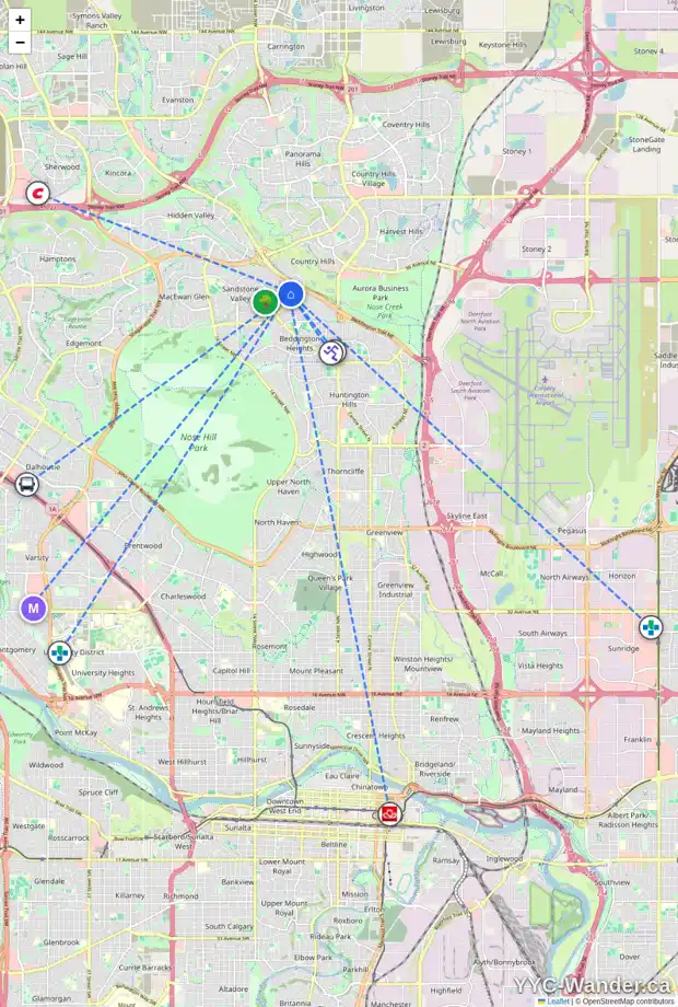 Daily accessibility map for 9225 SANTANA CR NW, Calgary showing nearby schools, grocery stores, parks, LRT stations and nearby amenities