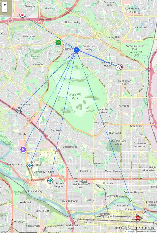 Daily accessibility map for 44 MACEWAN PARK LI NW, Calgary showing nearby schools, grocery stores, parks, LRT stations and nearby amenities