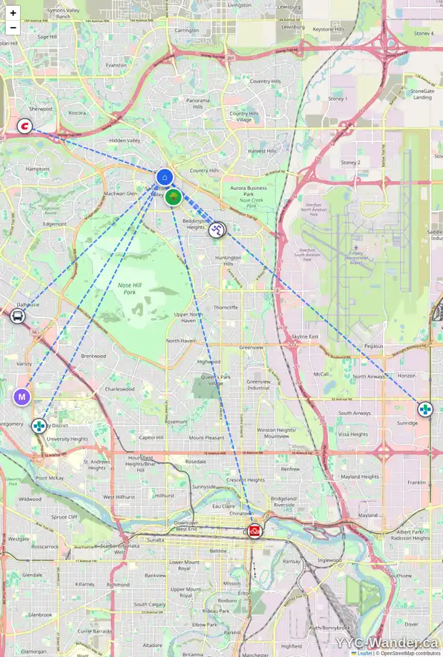 Daily accessibility map for 28 SANDERLING CL NW, Calgary showing nearby schools, grocery stores, parks, LRT stations and nearby amenities