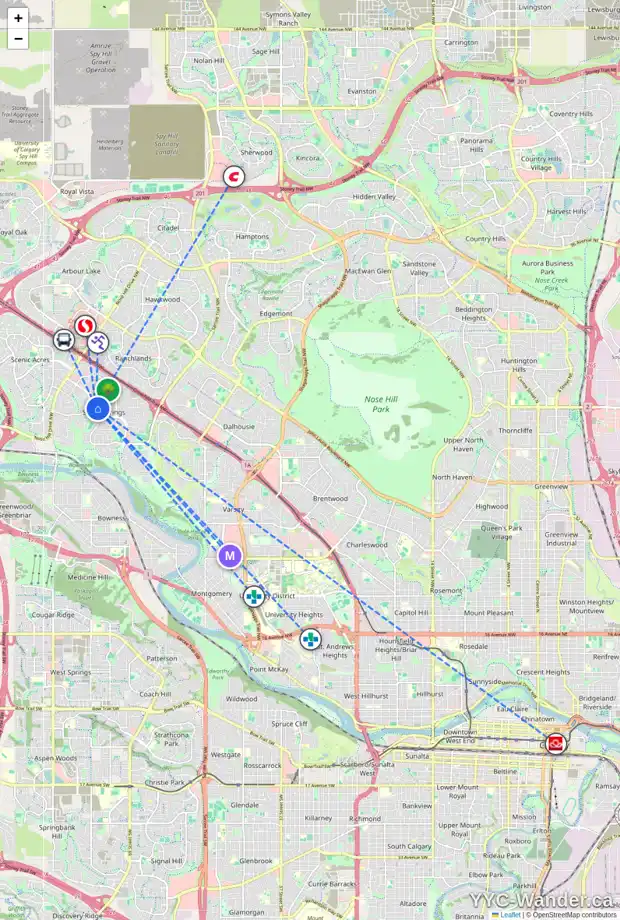 Daily accessibility map for 7620 SILVER SPRINGS RD NW, Calgary showing nearby schools, grocery stores, parks, LRT stations and nearby amenities