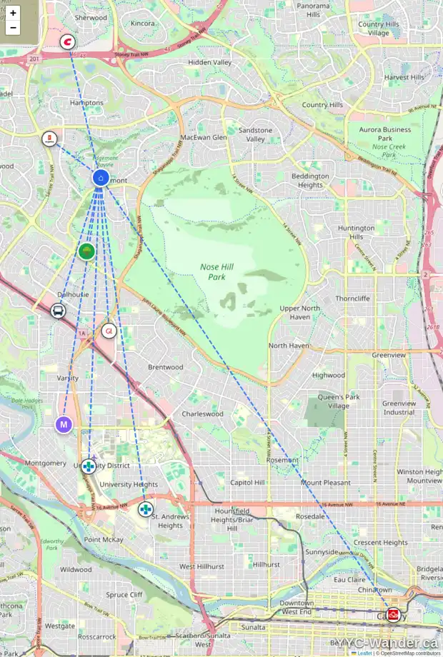 Daily accessibility map for 8304 EDGEVALLEY DR NW, Calgary showing nearby schools, grocery stores, parks, LRT stations and nearby amenities