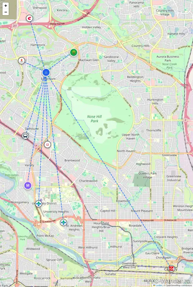 Daily accessibility map for 53 EDGEVALLEY WY NW, Calgary showing nearby schools, grocery stores, parks, LRT stations and nearby amenities