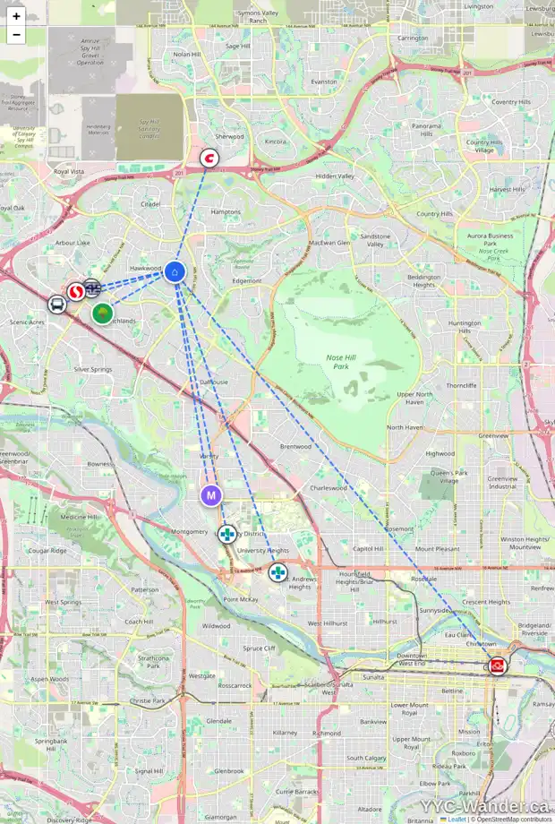 Daily accessibility map for 104 HAWKFORD CR NW, Calgary showing nearby schools, grocery stores, parks, LRT stations and nearby amenities