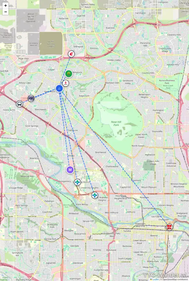Daily accessibility map for 19 HAWKSTONE CL NW, Calgary showing nearby schools, grocery stores, parks, LRT stations and nearby amenities