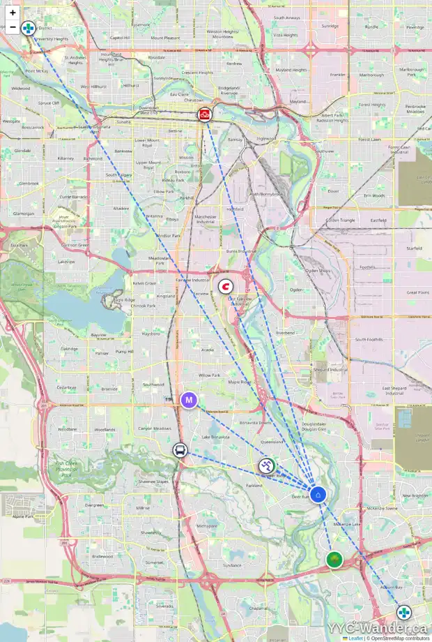 Daily accessibility map for 64 DEERBROOK RD SE, Calgary showing nearby schools, grocery stores, parks, LRT stations and nearby amenities