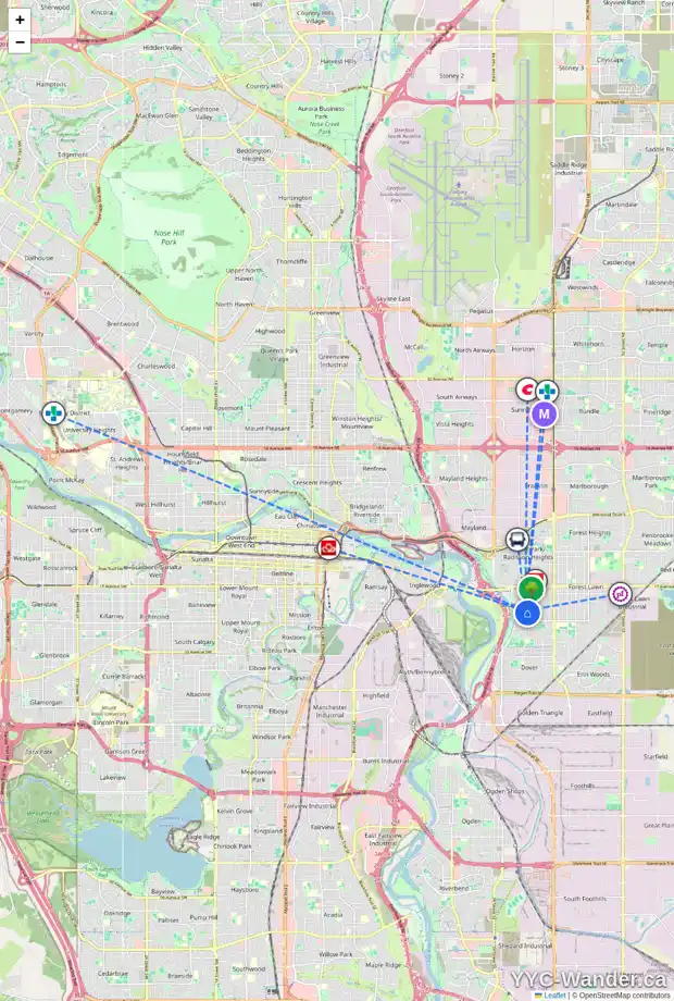 Daily accessibility map for 2051 33 ST SE, Calgary showing nearby schools, grocery stores, parks, LRT stations and nearby amenities
