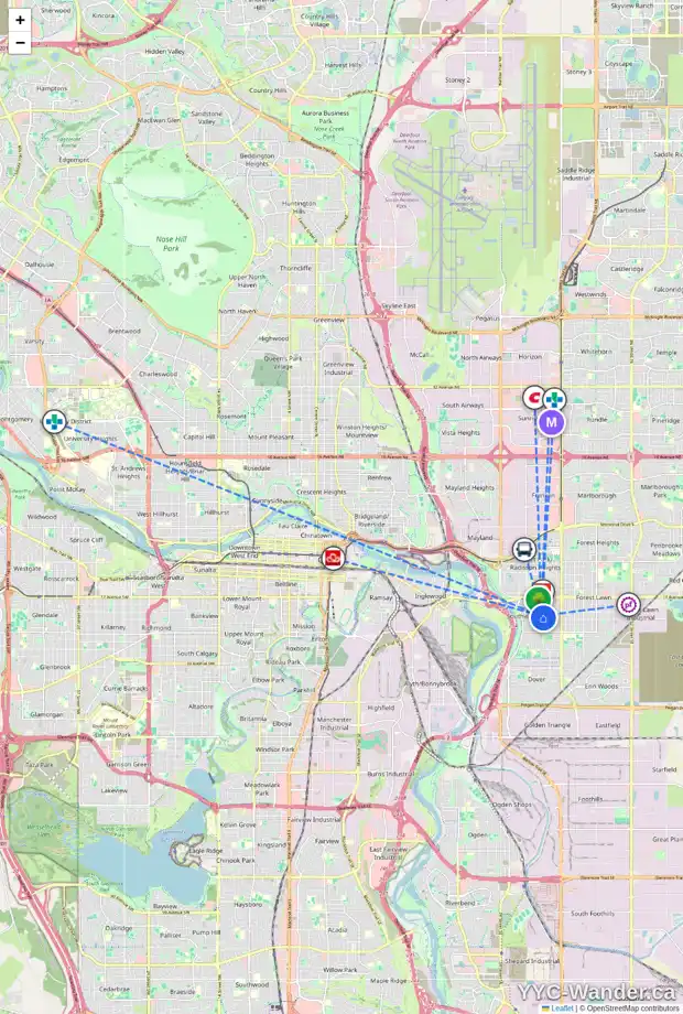 Daily accessibility map for 2019 33 ST SE, Calgary showing nearby schools, grocery stores, parks, LRT stations and nearby amenities