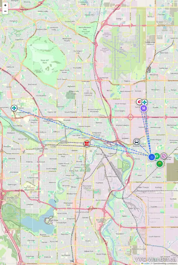 Daily accessibility map for 2016 40 ST SE, Calgary showing nearby schools, grocery stores, parks, LRT stations and nearby amenities