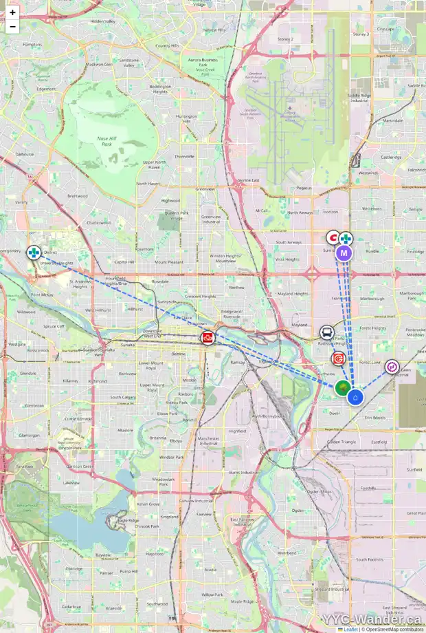 Daily accessibility map for 3889 30 AV SE, Calgary showing nearby schools, grocery stores, parks, LRT stations and nearby amenities