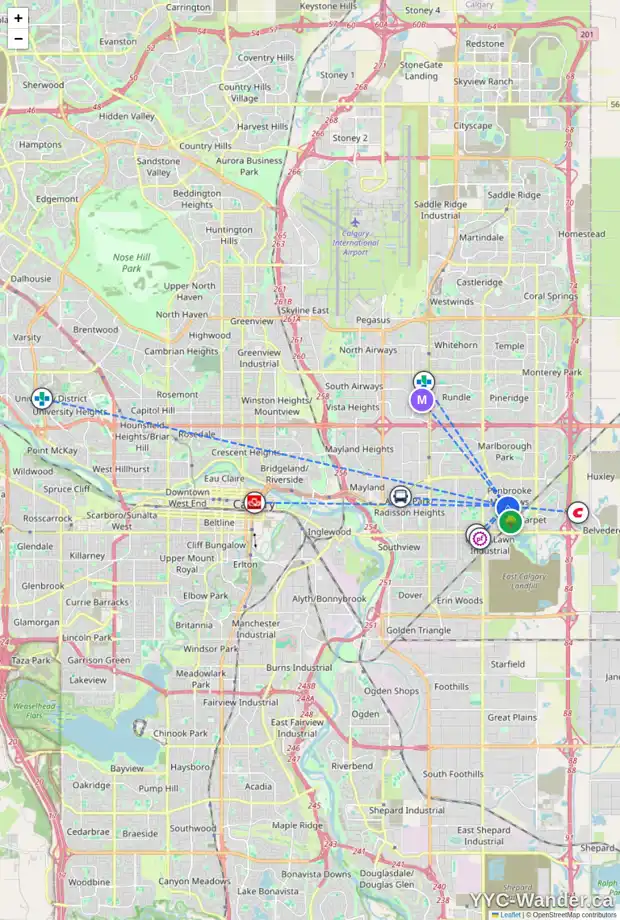 Daily accessibility map for 6037 8 AV SE, Calgary showing nearby schools, grocery stores, parks, LRT stations and nearby amenities