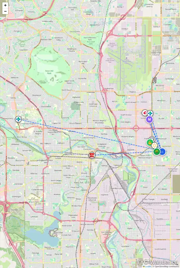 Daily accessibility map for 504 44 ST SE, Calgary showing nearby schools, grocery stores, parks, LRT stations and nearby amenities