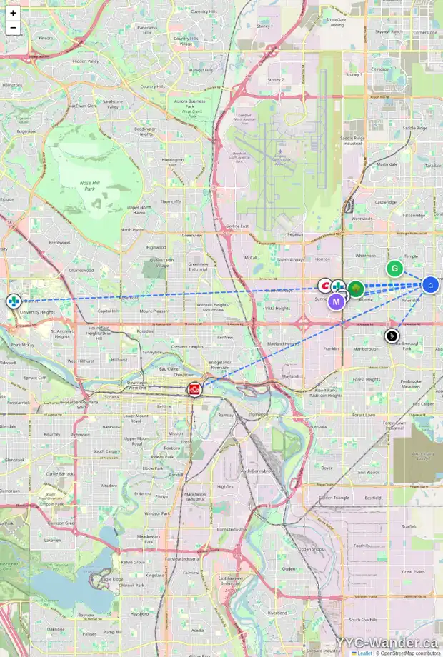 Daily accessibility map for 771 PINECLIFF RD NE, Calgary showing nearby schools, grocery stores, parks, LRT stations and nearby amenities