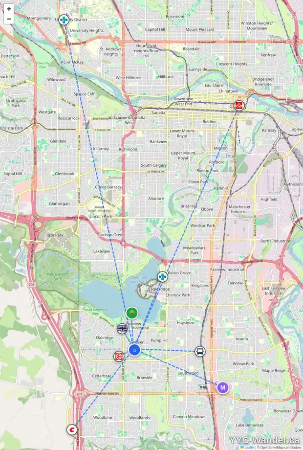 Daily accessibility map for 2224 98 AV SW, Calgary showing nearby schools, grocery stores, parks, LRT stations and nearby amenities