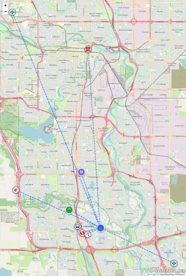Daily accessibility map for 35 MIDVALLEY CR SE, Calgary showing nearby schools, grocery stores, parks, LRT stations and nearby amenities