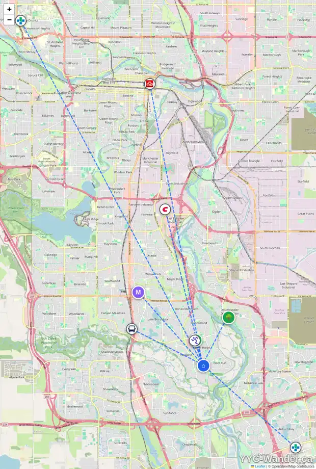 Daily accessibility map for 152 DEERSAXON CI SE, Calgary showing nearby schools, grocery stores, parks, LRT stations and nearby amenities