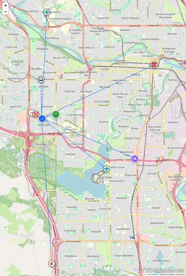 Daily accessibility map for 4002 46 ST SW, Calgary showing nearby schools, grocery stores, parks, LRT stations and nearby amenities