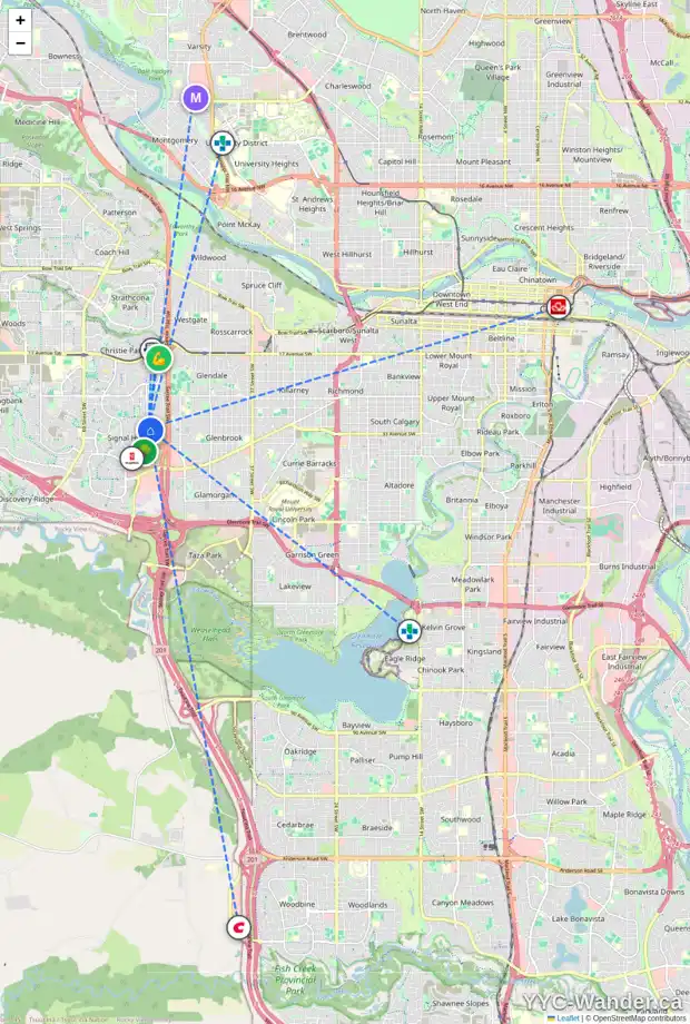 Daily accessibility map for 2876 SIGNAL HILL DR SW, Calgary showing nearby schools, grocery stores, parks, LRT stations and nearby amenities