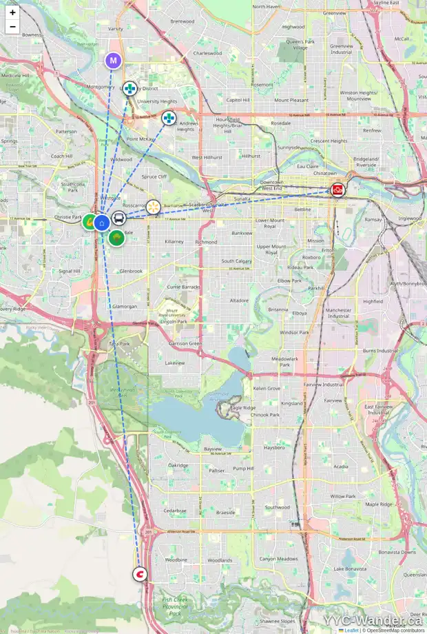 Daily accessibility map for 46 GLENSIDE DR SW, Calgary showing nearby schools, grocery stores, parks, LRT stations and nearby amenities