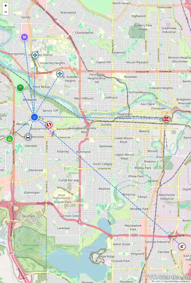 Daily accessibility map for 18 ROSSMERE RD SW, Calgary showing nearby schools, grocery stores, parks, LRT stations and nearby amenities