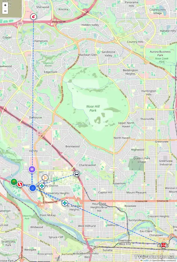 Daily accessibility map for 4619 21 AV NW, Calgary showing nearby schools, grocery stores, parks, LRT stations and nearby amenities